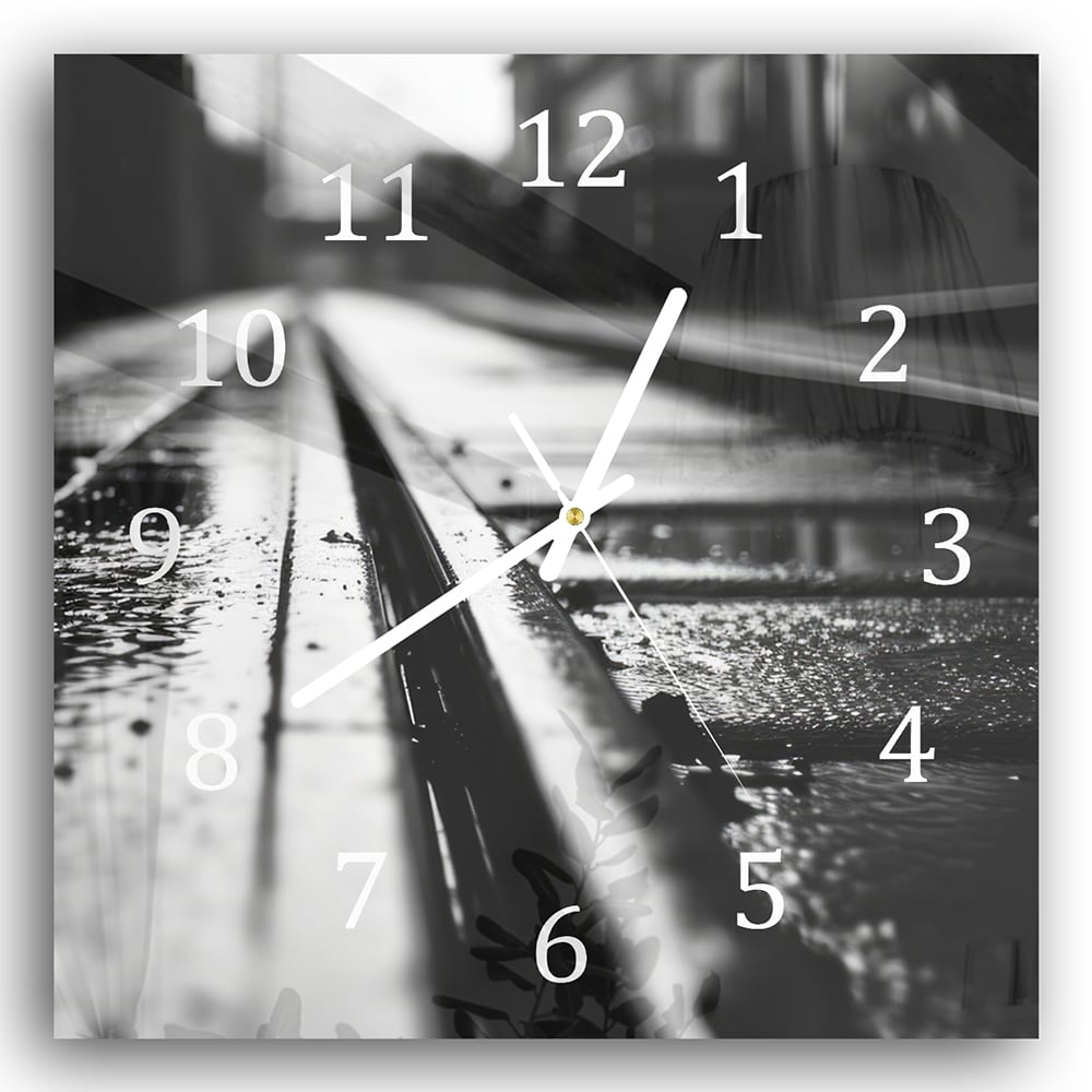 Wanduhr 30x30 - Schwarz-weiß Bahngleis