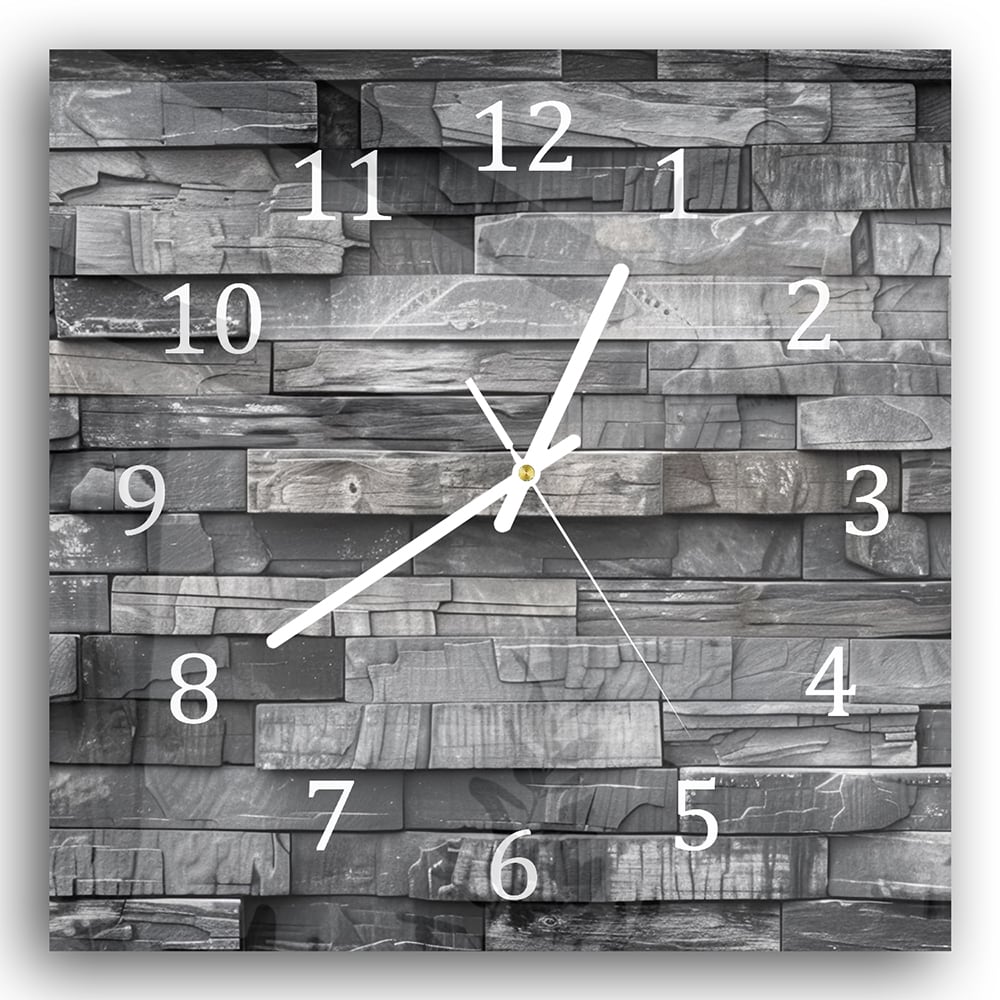 Wanduhr 30x30 - Schwarze Steinmauer in Schwarz-Weiß