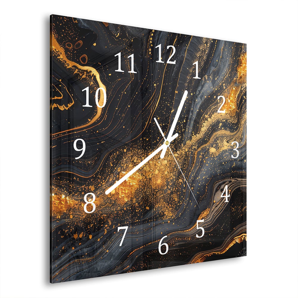 Wanduhr 30x30 - Schwarz/Gold-Marmor-Textur