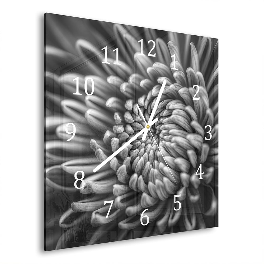 Wanduhr 30x30 - Schwarz-weiß Nahaufnahme Blume