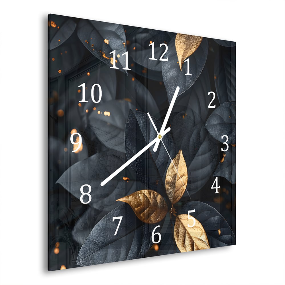 Wanduhr 30x30 - Schwarz-Goldenes Blattmuster