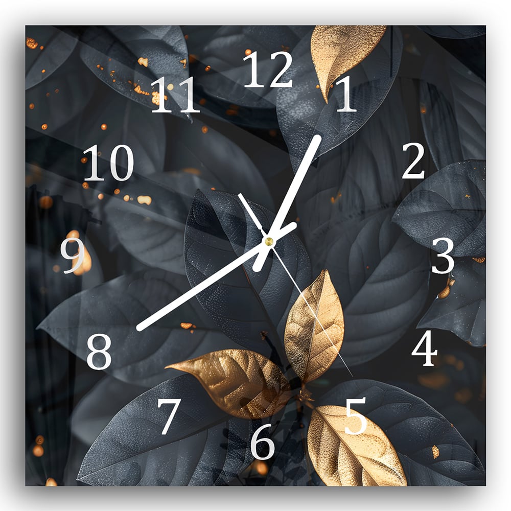 Wanduhr 30x30 - Schwarz-Goldenes Blattmuster