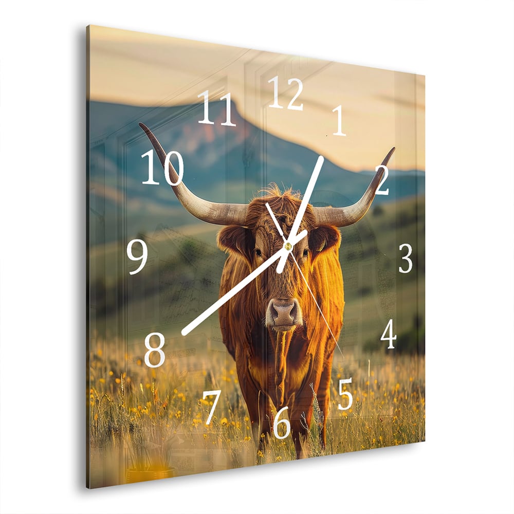 Wanduhr 30x30 - Kuh bei Sonnenaufgang