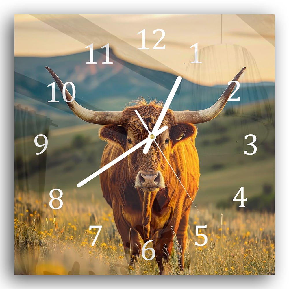 Wanduhr 30x30 - Kuh bei Sonnenaufgang