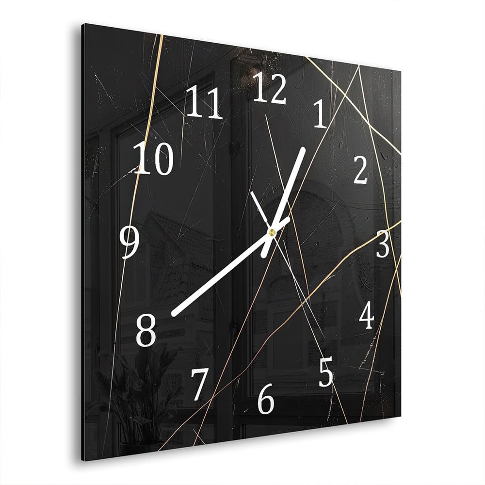 Wanduhr 30x30 - Schwarze Textur mit goldenen Linien