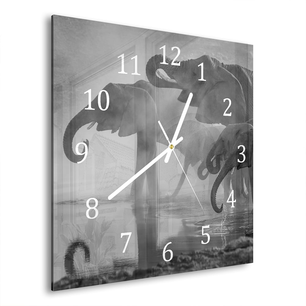 Wanduhr 30x30 - Schwarz-weiß Elefanten