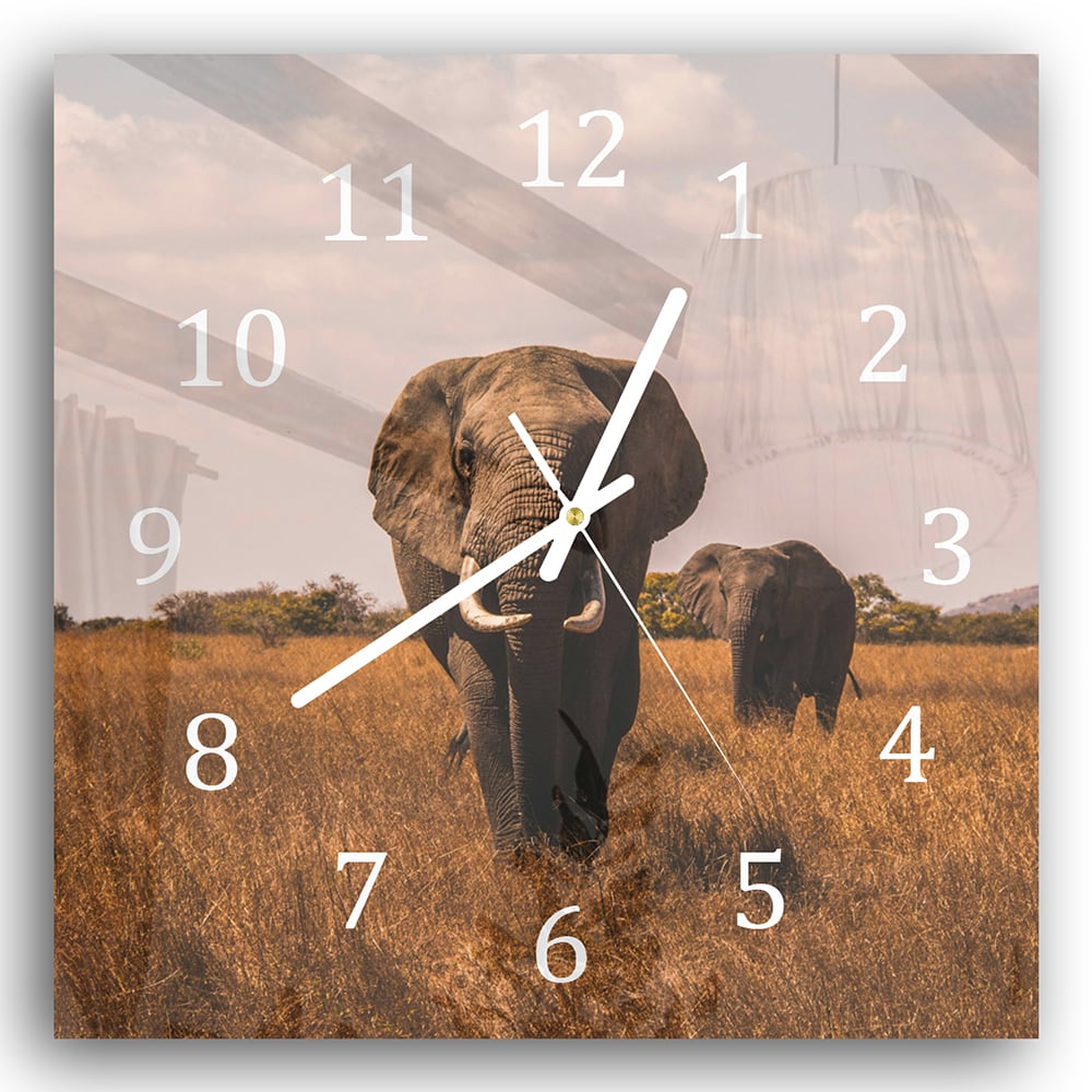 Wanduhr 30x30 - Elefanten im Feld