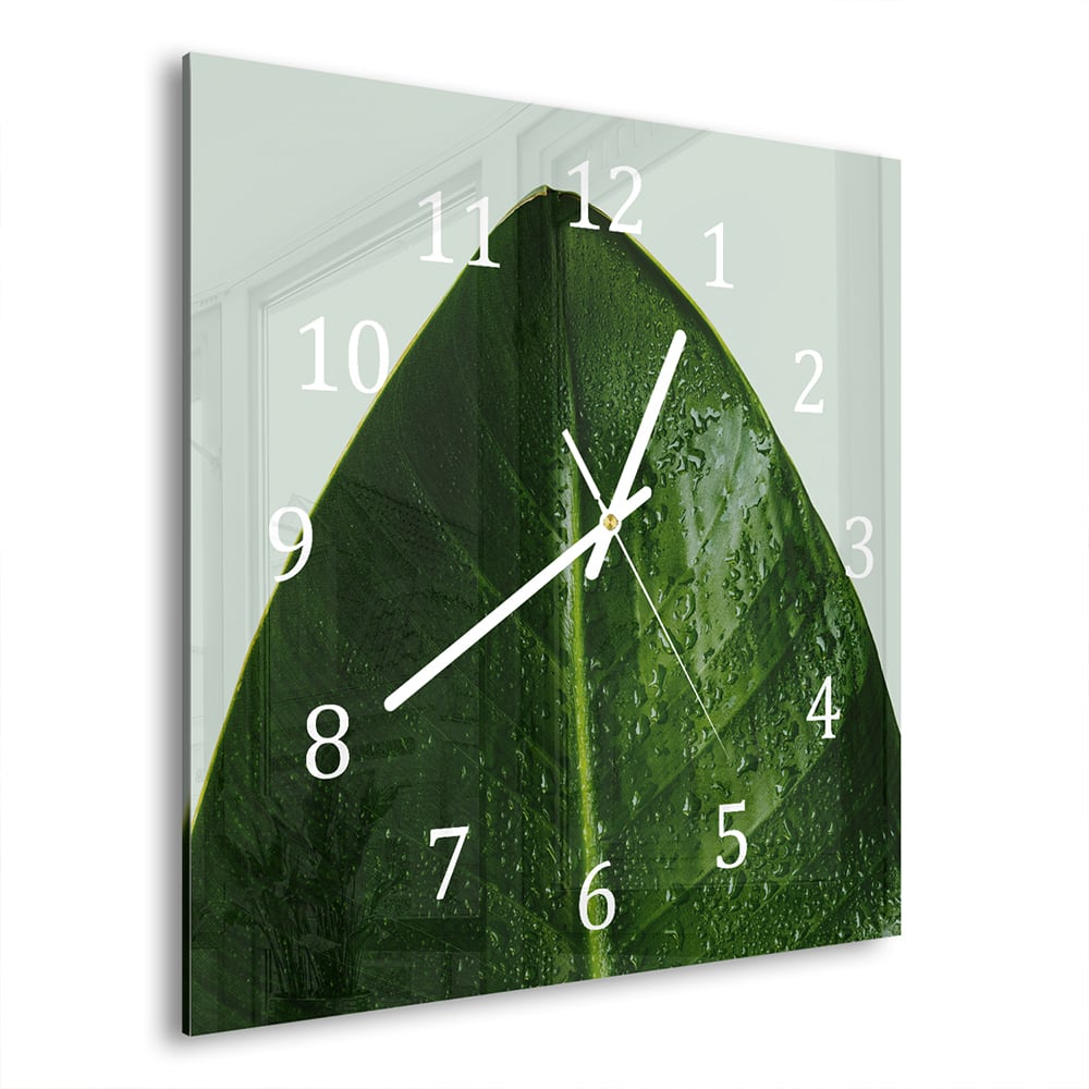 Wanduhr 30x30 - Tropfen auf tropischem Blatt
