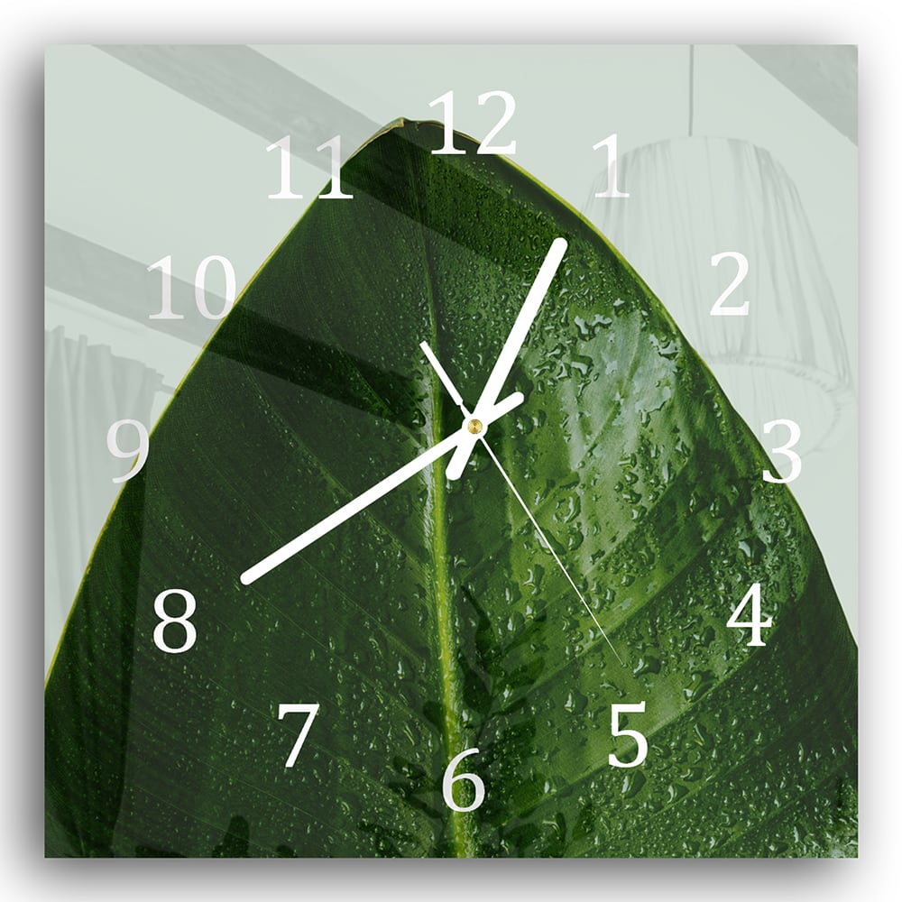 Wanduhr 30x30 - Tropfen auf tropischem Blatt