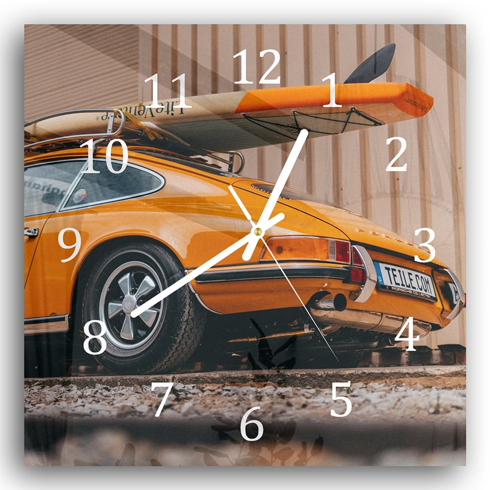 Wanduhr 30x30 - Porsche mit Surfbrett
