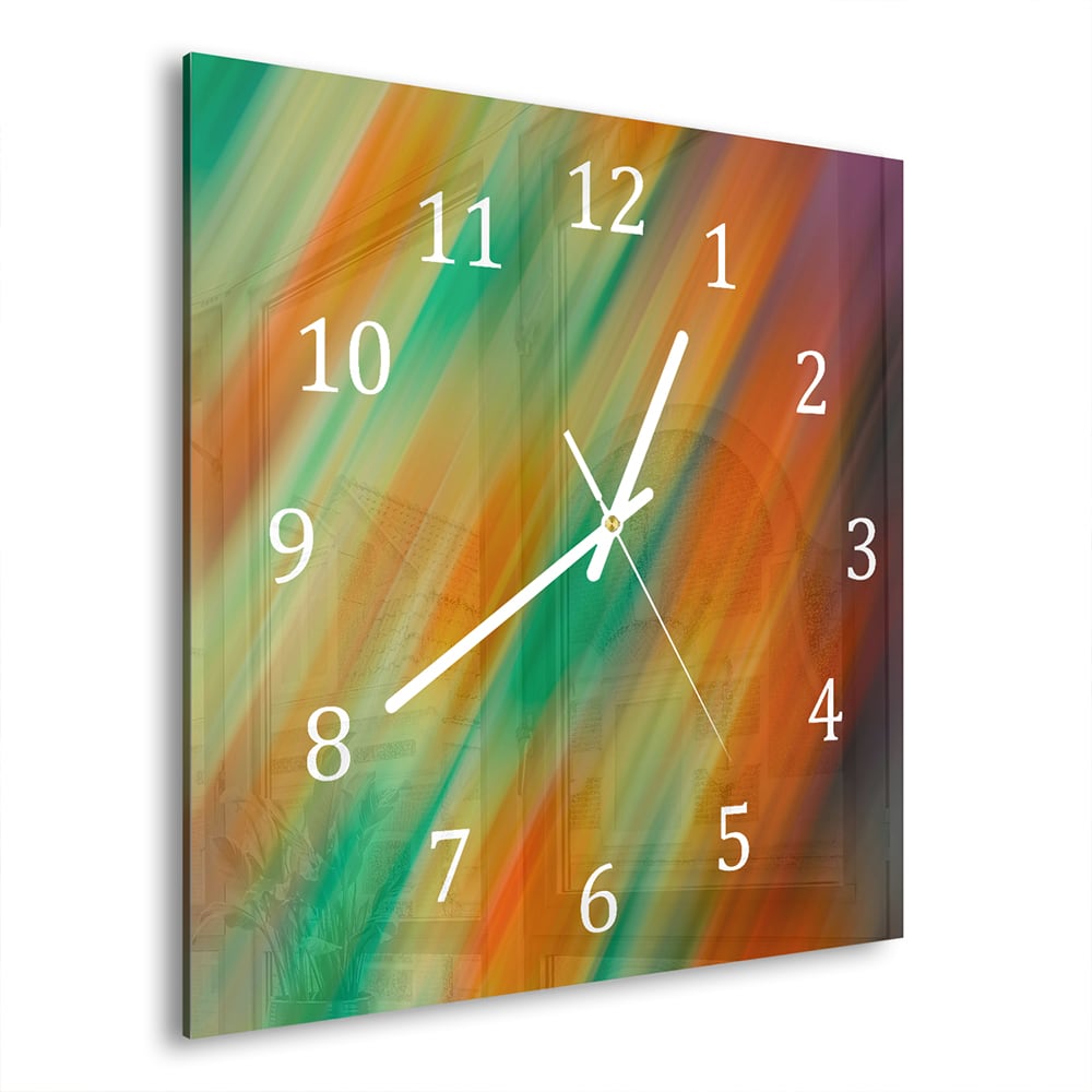 Wanduhr 30x30 - Orange & Grüne Abstraktion
