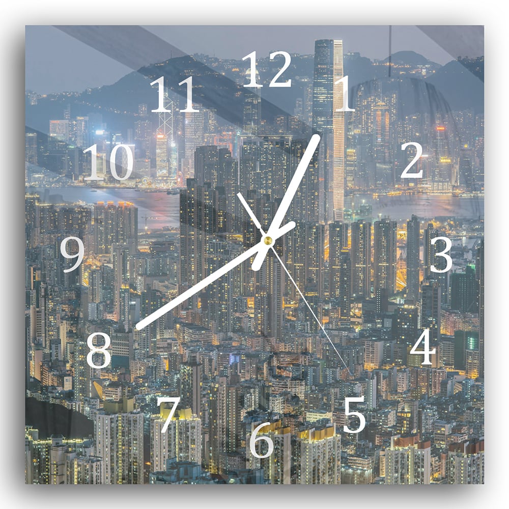 Wanduhr 30x30 - Hongkong bei Nacht