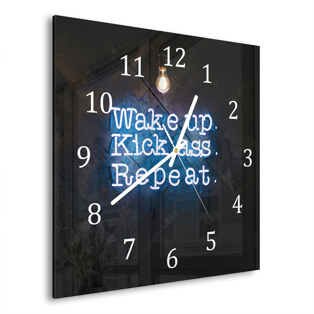 Wanduhr 30x30 - Wake up, Kick ass, Repeat