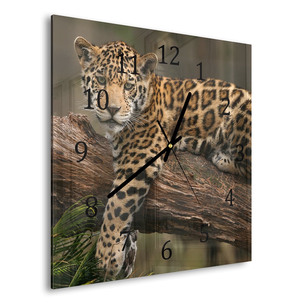 Wanduhr 30x30 - Jaguar auf dem Baum