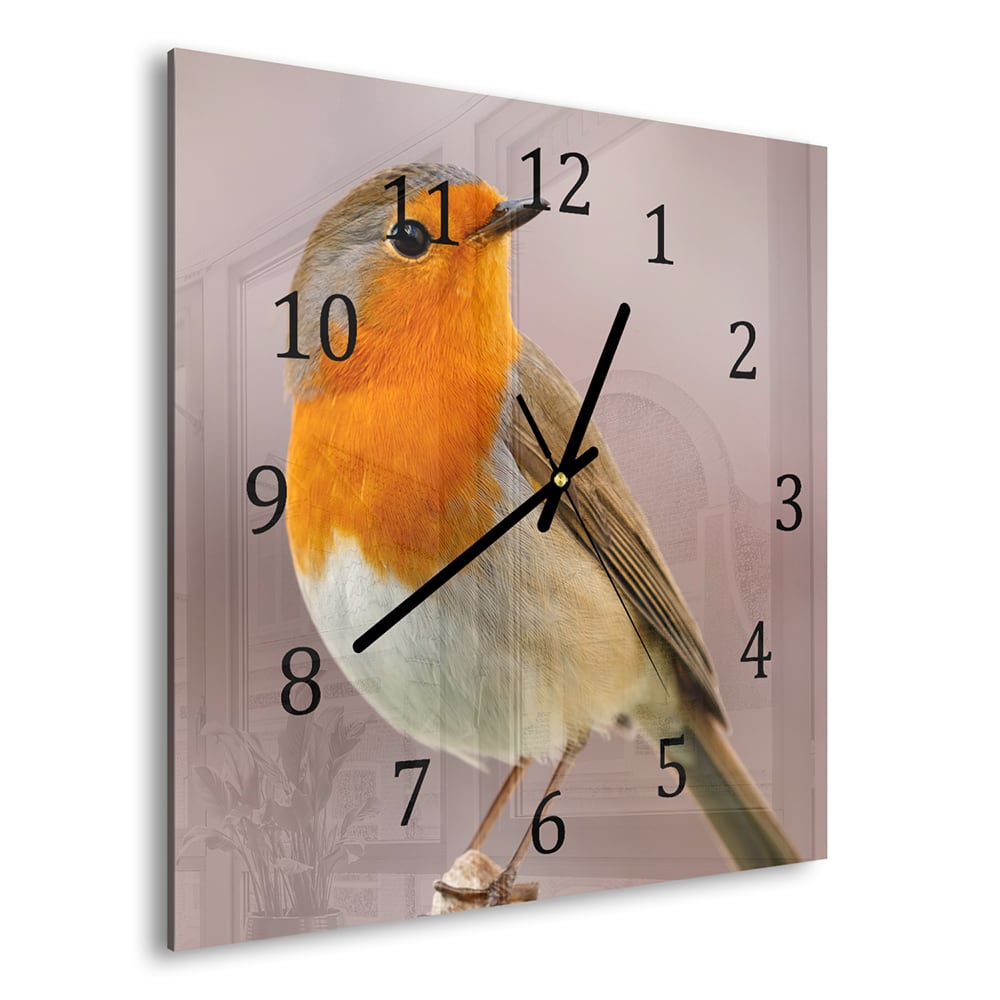 Wanduhr 30x30 - Rotkehlchen auf Zweig