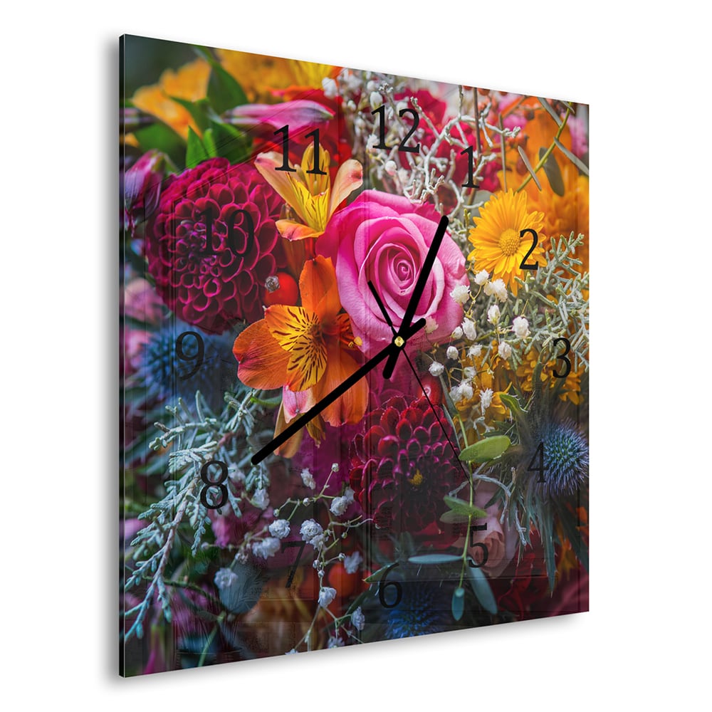 Wanduhr 30x30 - Lebendiger Blumenstrauß