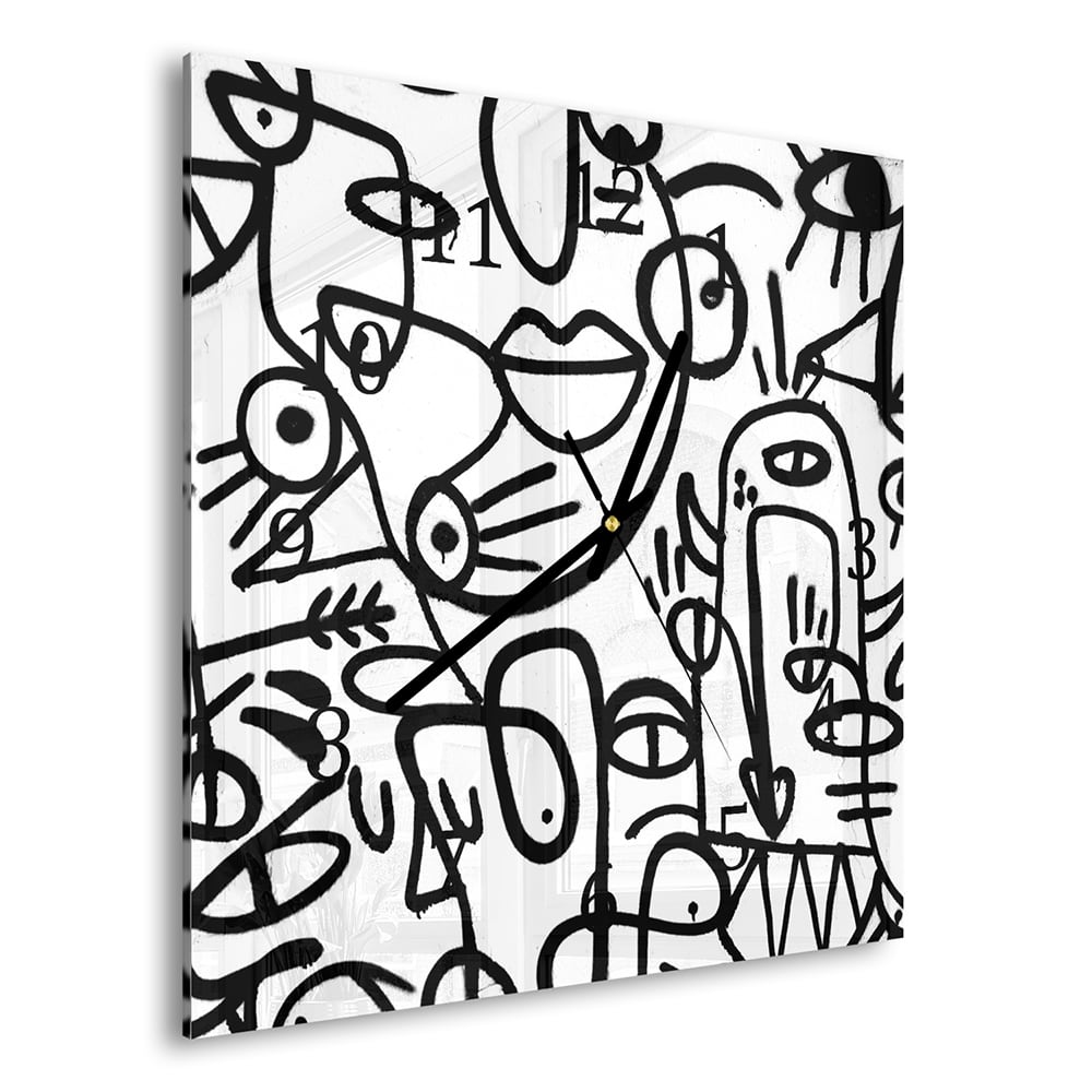 Wanduhr 30x30 - Schwarz-Weiß-Graffiti-Muster