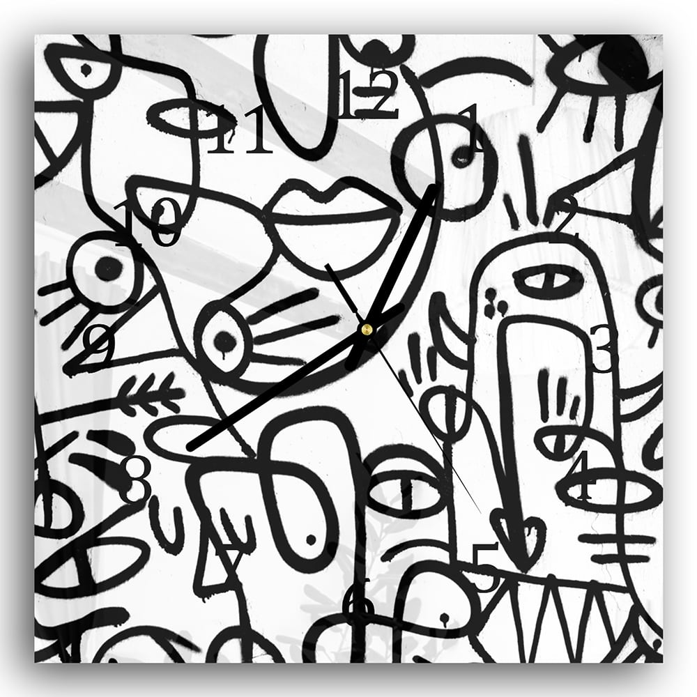 Wanduhr 30x30 - Schwarz-Weiß-Graffiti-Muster