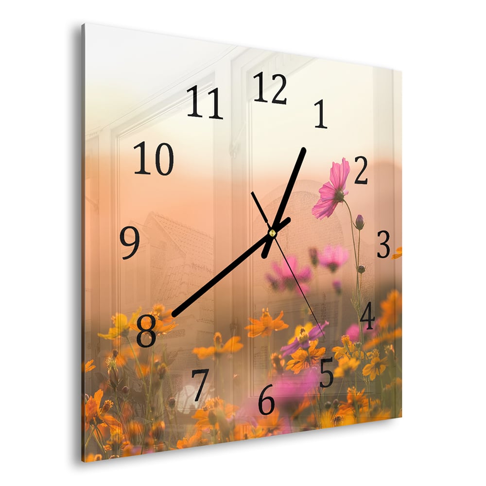 Wanduhr 30x30 - Bunte Blumen bei Sonnenuntergang