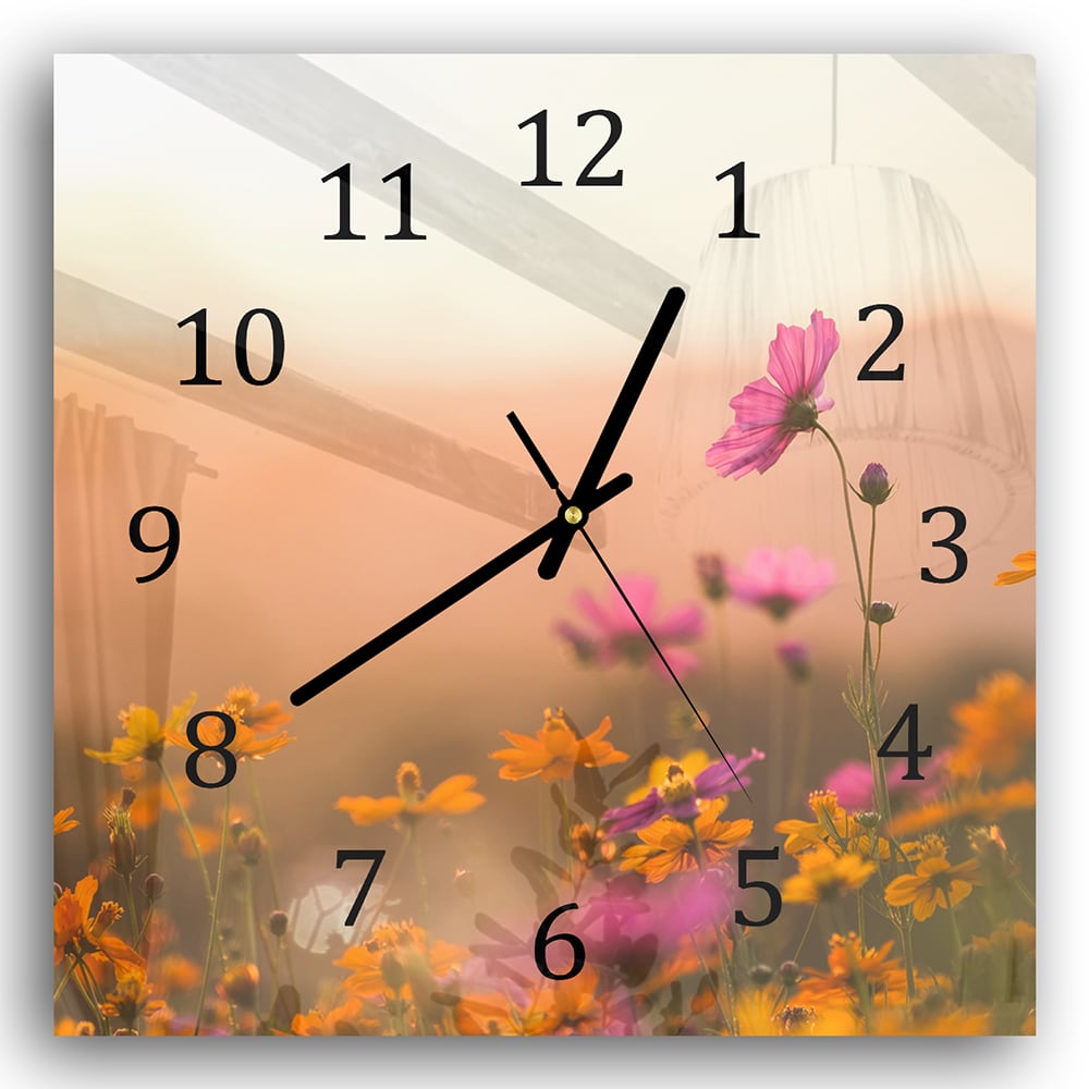 Wanduhr 30x30 - Bunte Blumen bei Sonnenuntergang