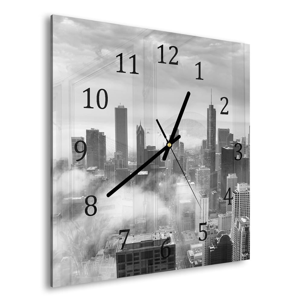 Wanduhr 30x30 - Chicago Skyline im Nebel