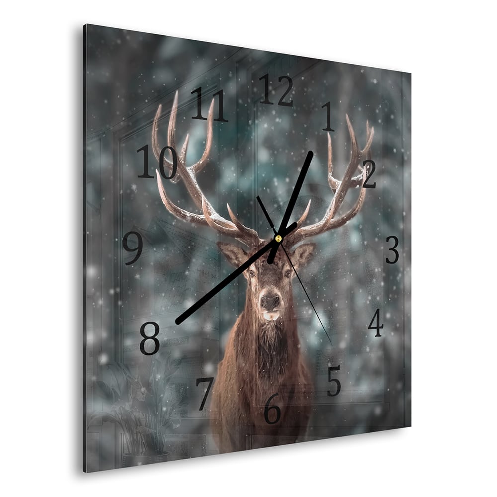 Wanduhr 30x30 - Edelhirsch im Winter