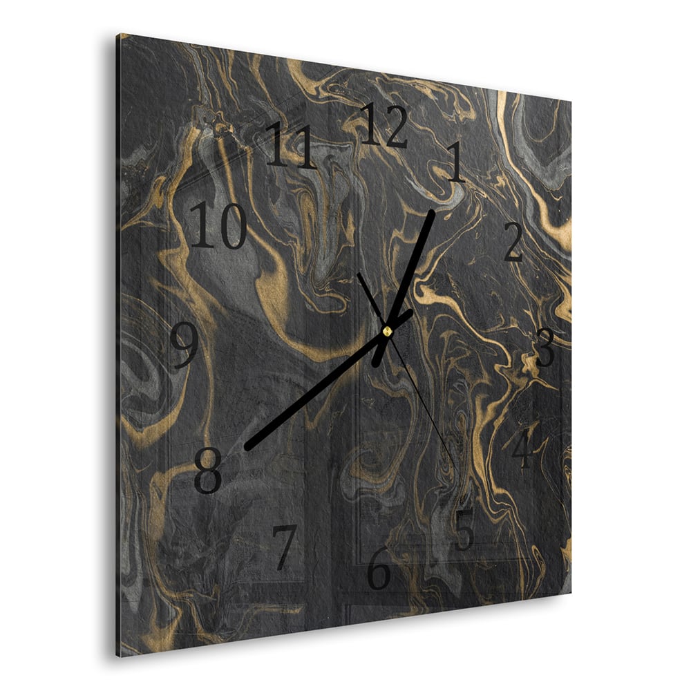 Wanduhr 30x30 - Schwarz-Gold-Marmormuster