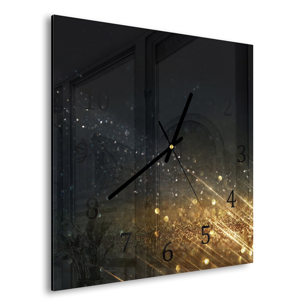 Wanduhr 30x30 - Schwarz-goldener Glitzerhintergrund