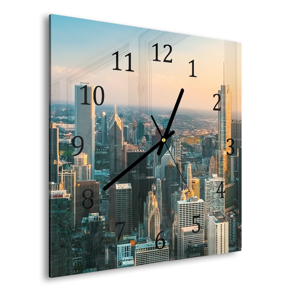 Wanduhr 30x30 - Chicago Skyline bei Sonnenuntergang