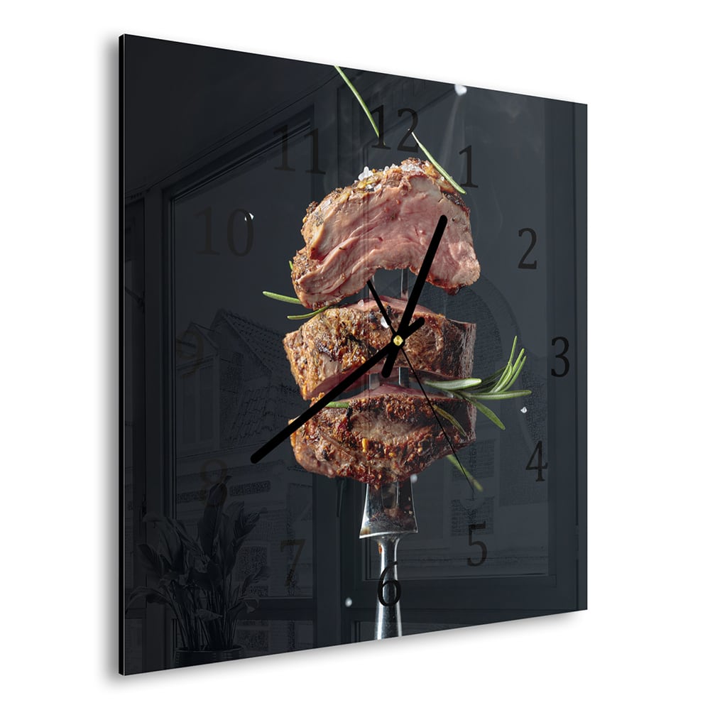 Wanduhr 30x30 - Steak auf Gabel