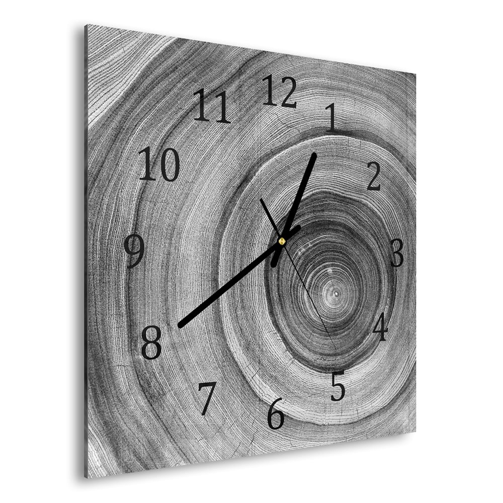 Wanduhr 30x30 - Schwarz-weiße Baumringe