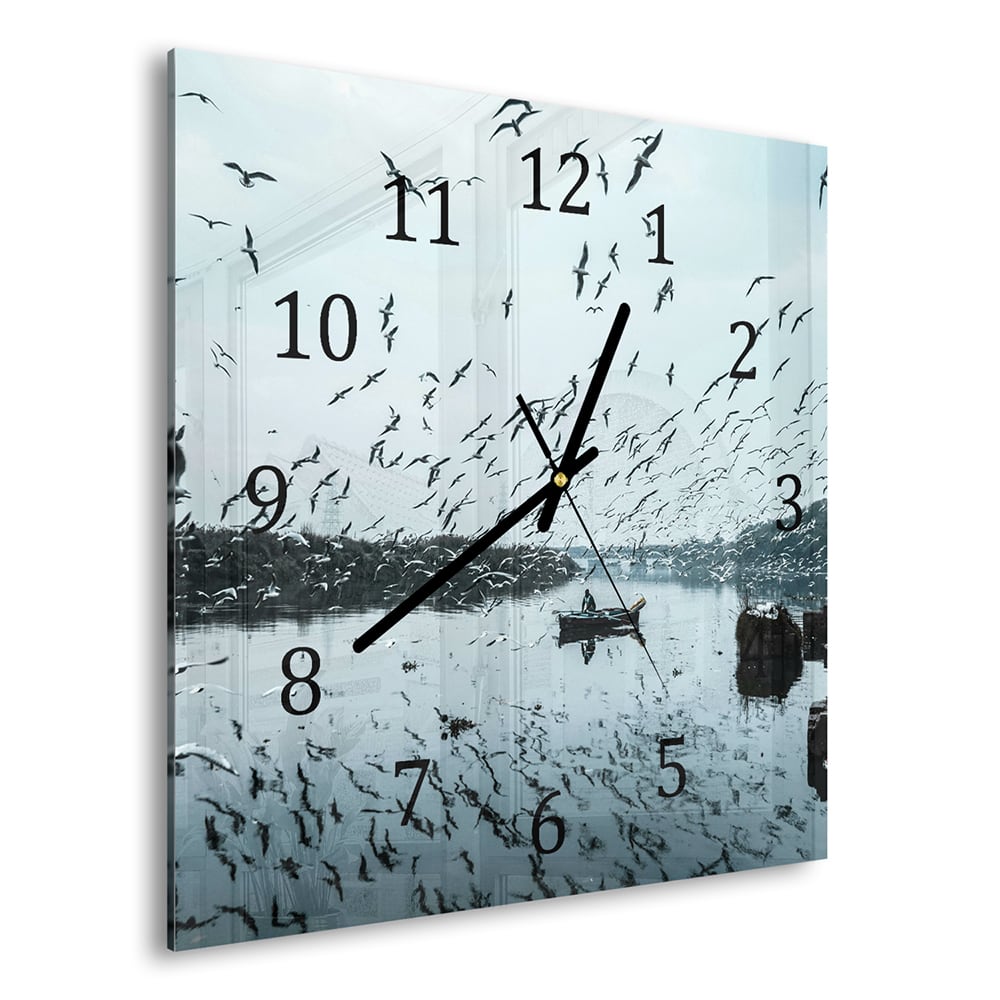 Wanduhr 30x30 - Vogel fliegt über Wasser