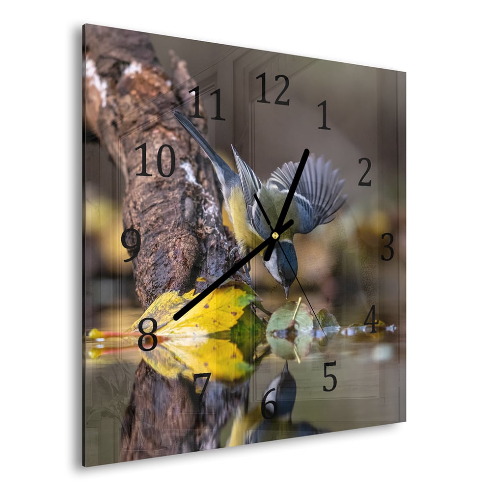 Wanduhr 30x30 - Kohlmeise am Wasser