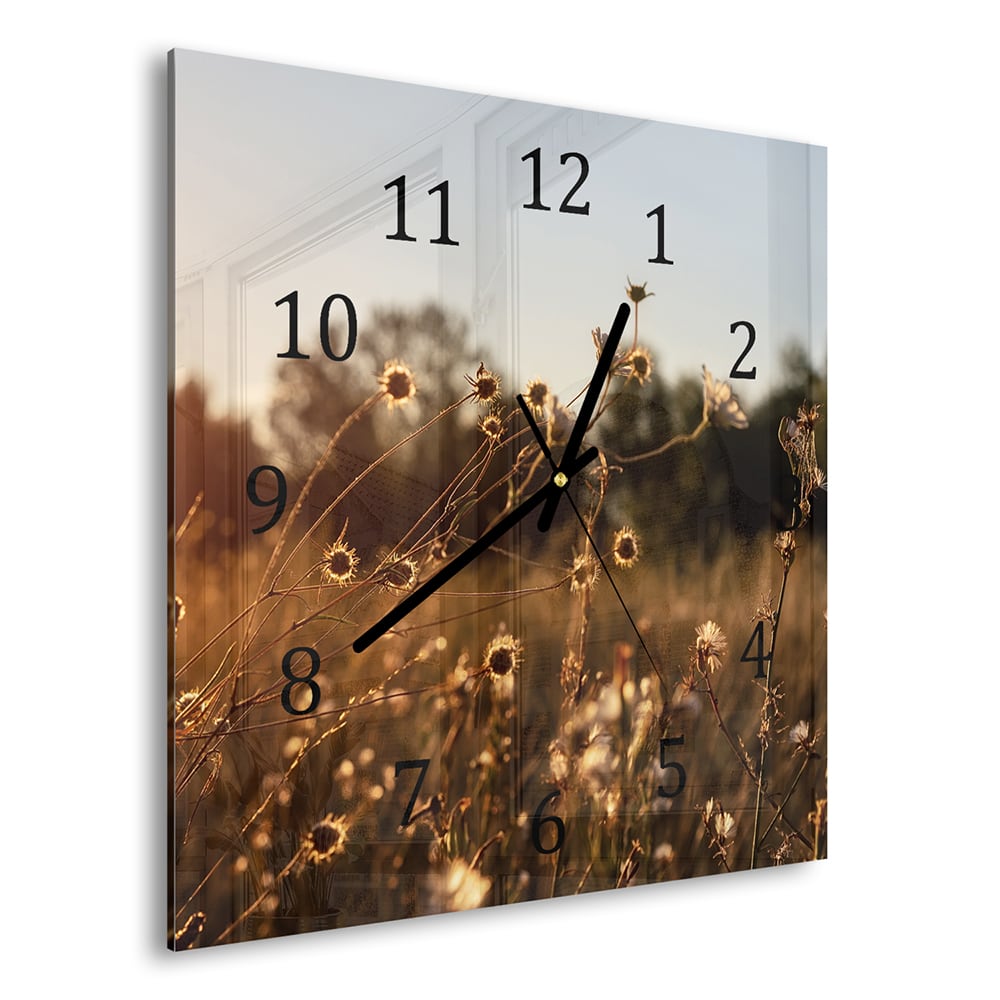 Wanduhr 30x30 - Sonnenuntergang auf der Wiese
