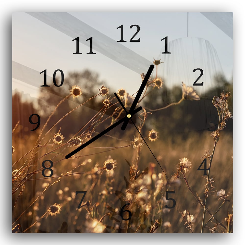 Wanduhr 30x30 - Sonnenuntergang auf der Wiese