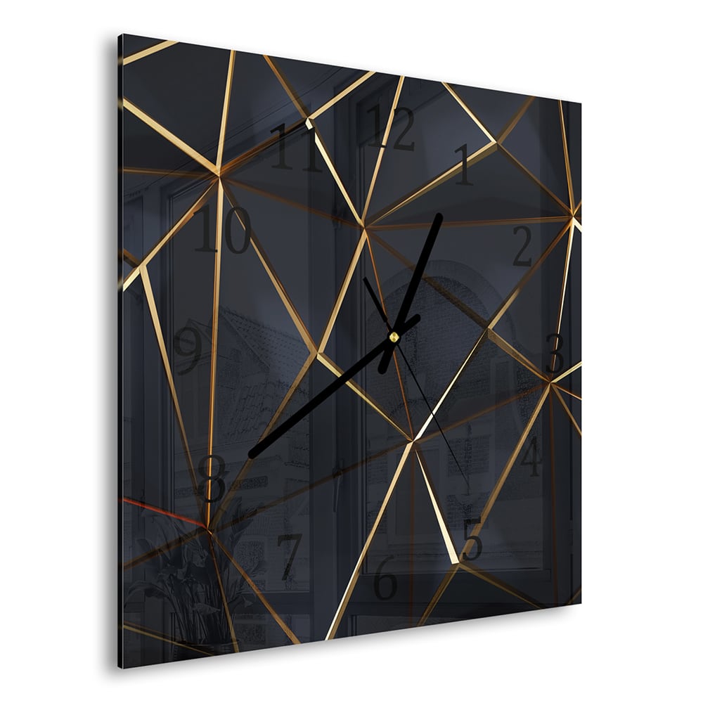 Wanduhr 30x30 - Schwarz-goldene geometrische Formen