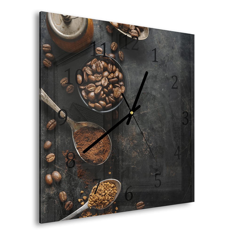 Wanduhr 30x30 - Kaffeebohnen und gemahlener Kaffee