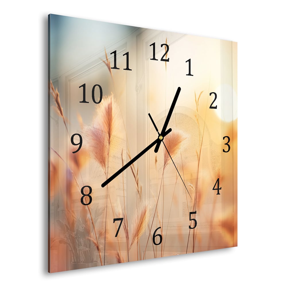 Wanduhr 30x30 - Sonnenuntergang im Grasfeld