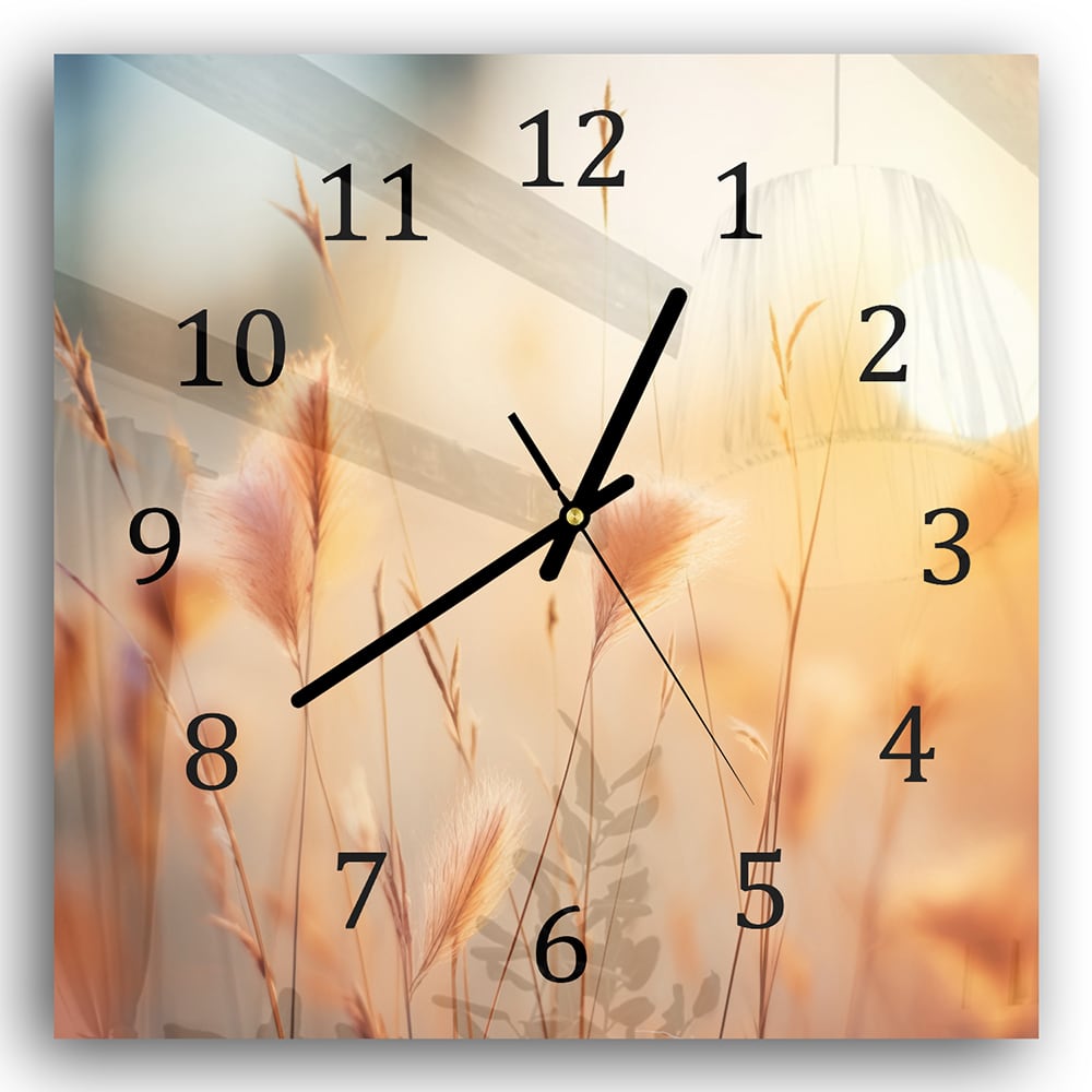Wanduhr 30x30 - Sonnenuntergang im Grasfeld