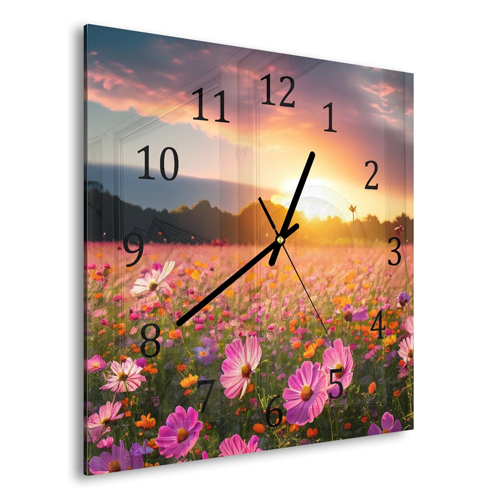 Wanduhr 30x30 - Sommerblumen bei Sonnenuntergang