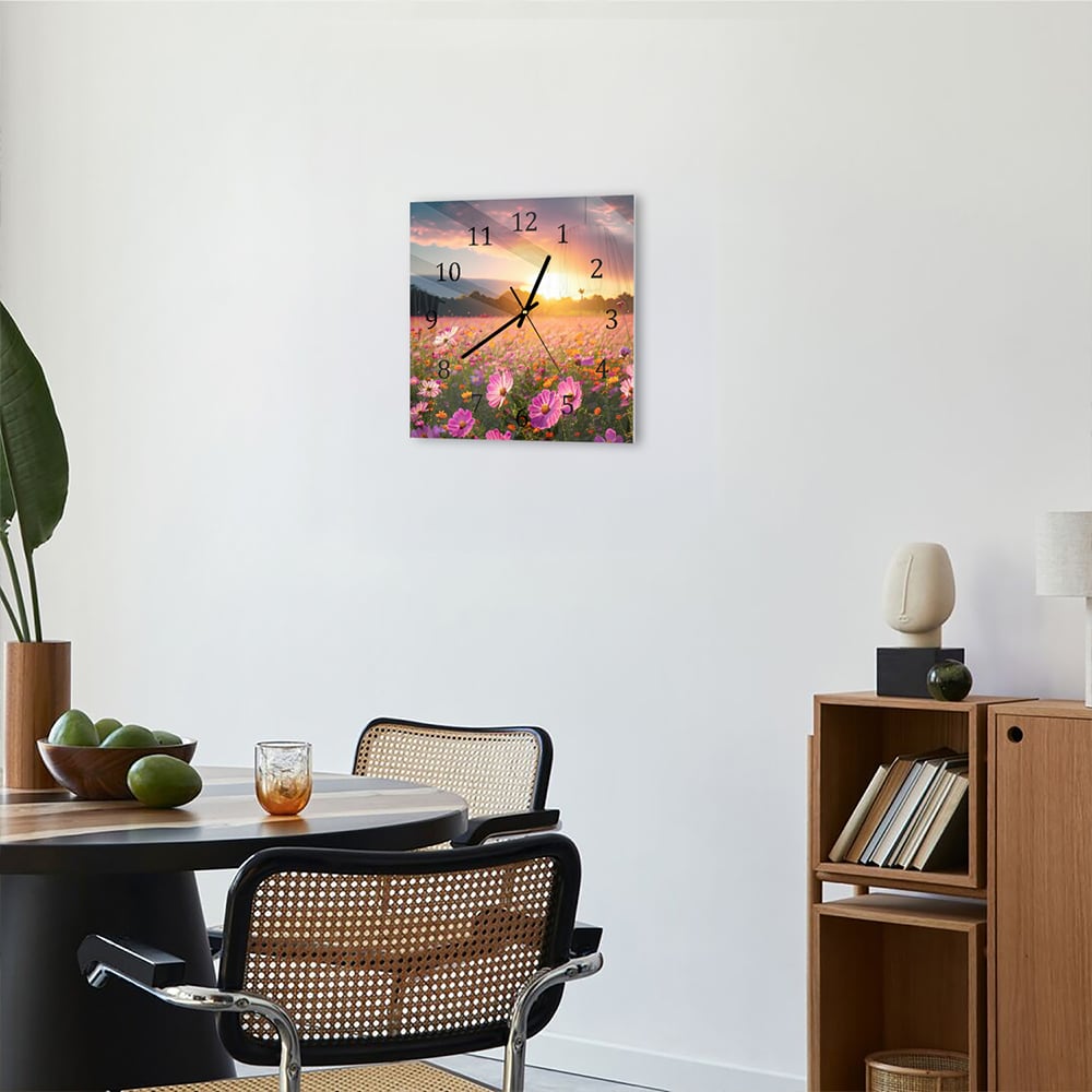 Wanduhr 30x30 - Sommerblumen bei Sonnenuntergang
