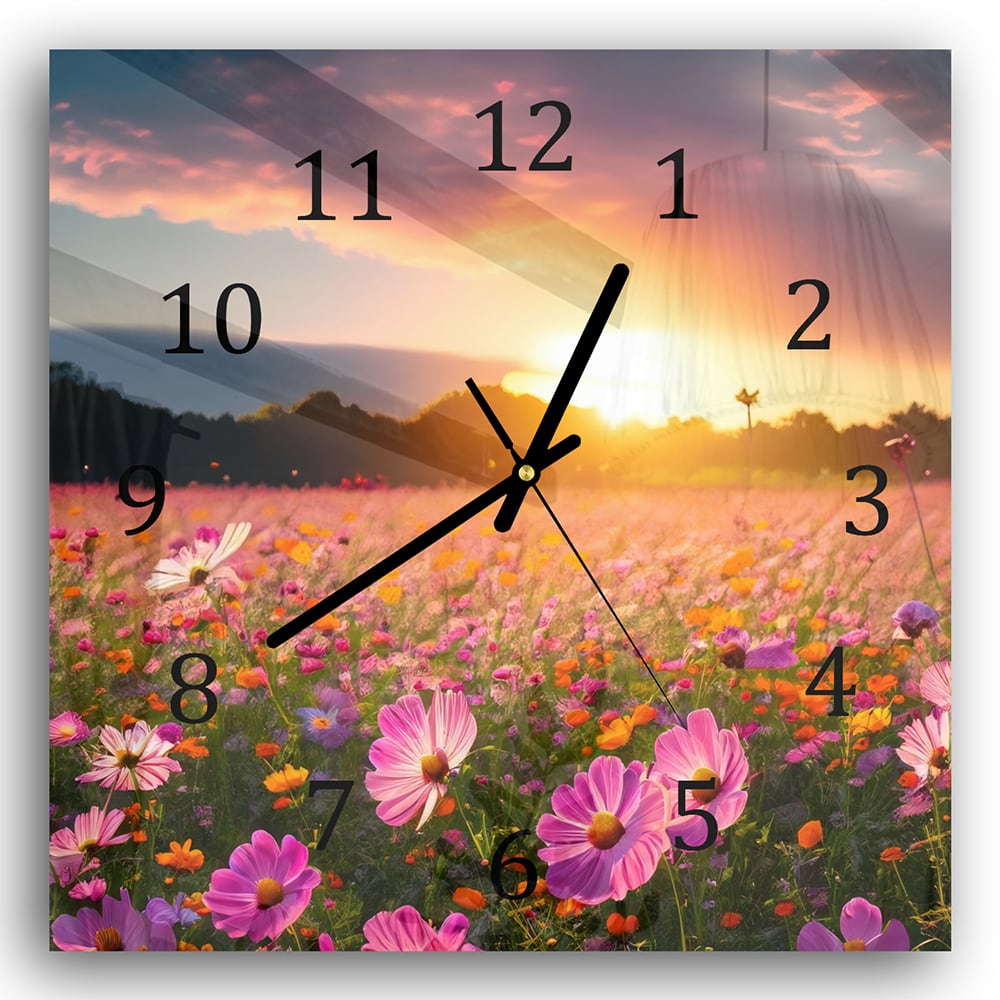 Wanduhr 30x30 - Sommerblumen bei Sonnenuntergang