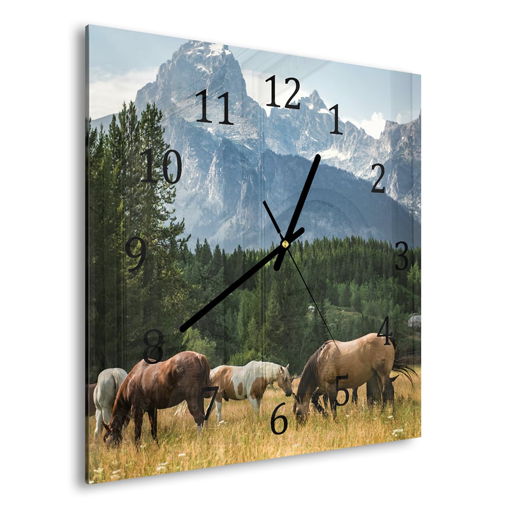 Wanduhr 30x30 - Weidende Pferde