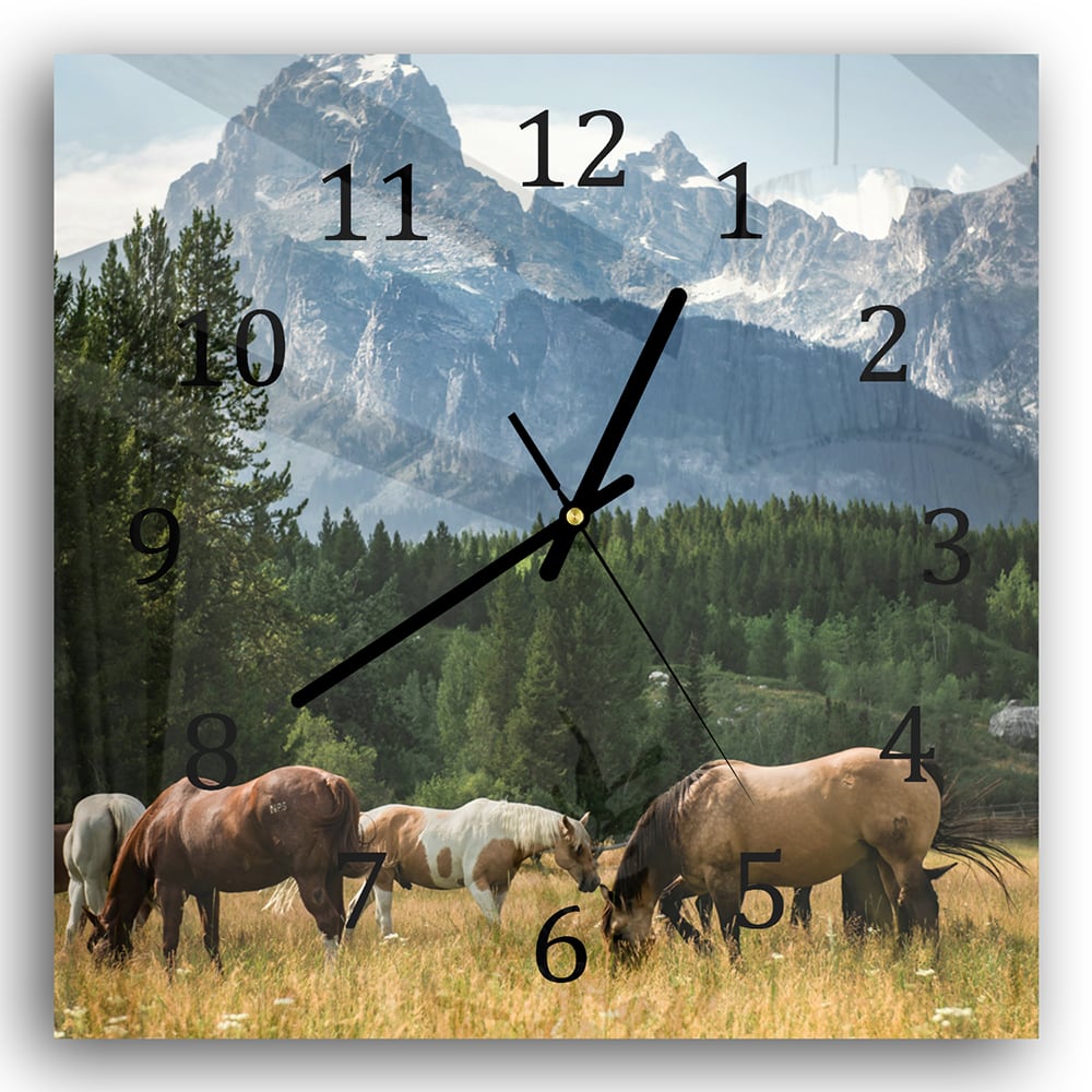 Wanduhr 30x30 - Weidende Pferde