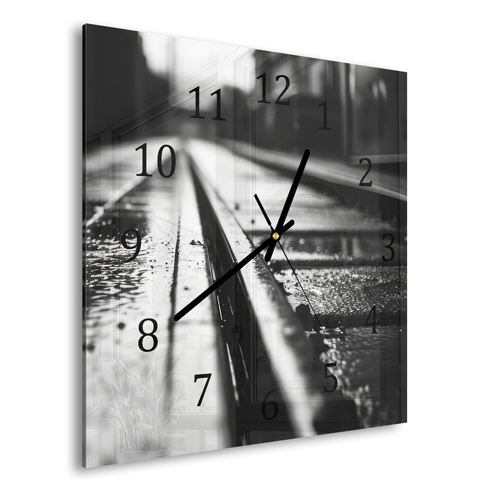 Wanduhr 30x30 - Schwarz-weiß Bahngleis