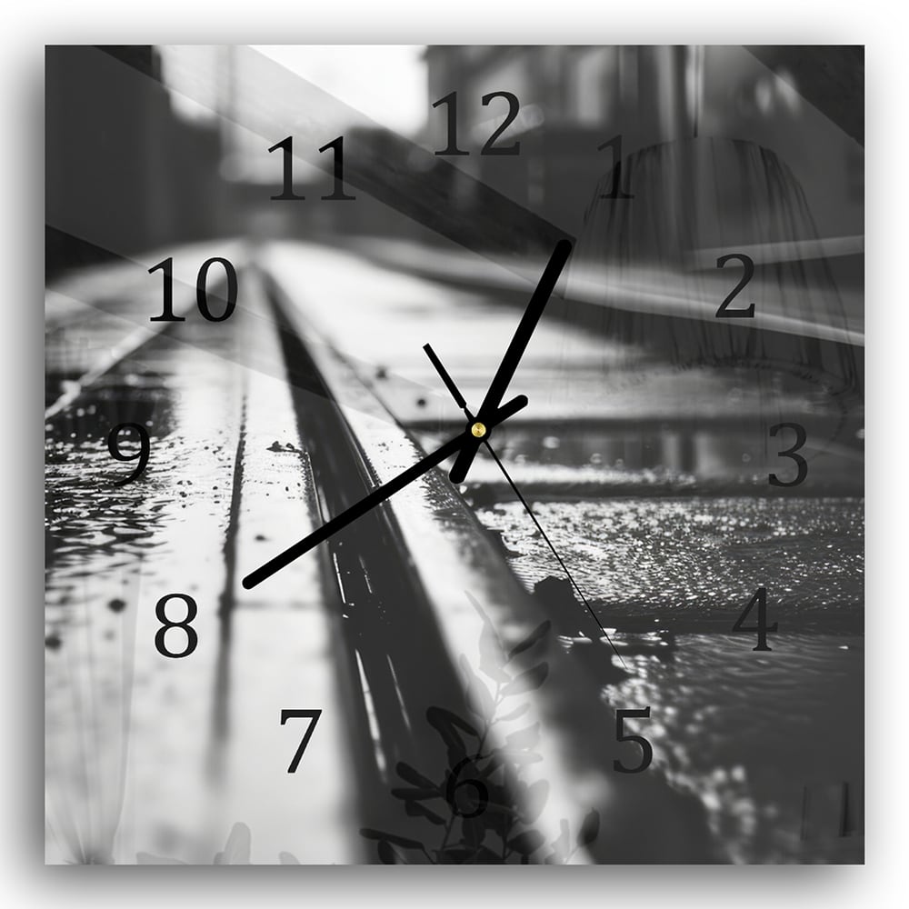 Wanduhr 30x30 - Schwarz-weiß Bahngleis