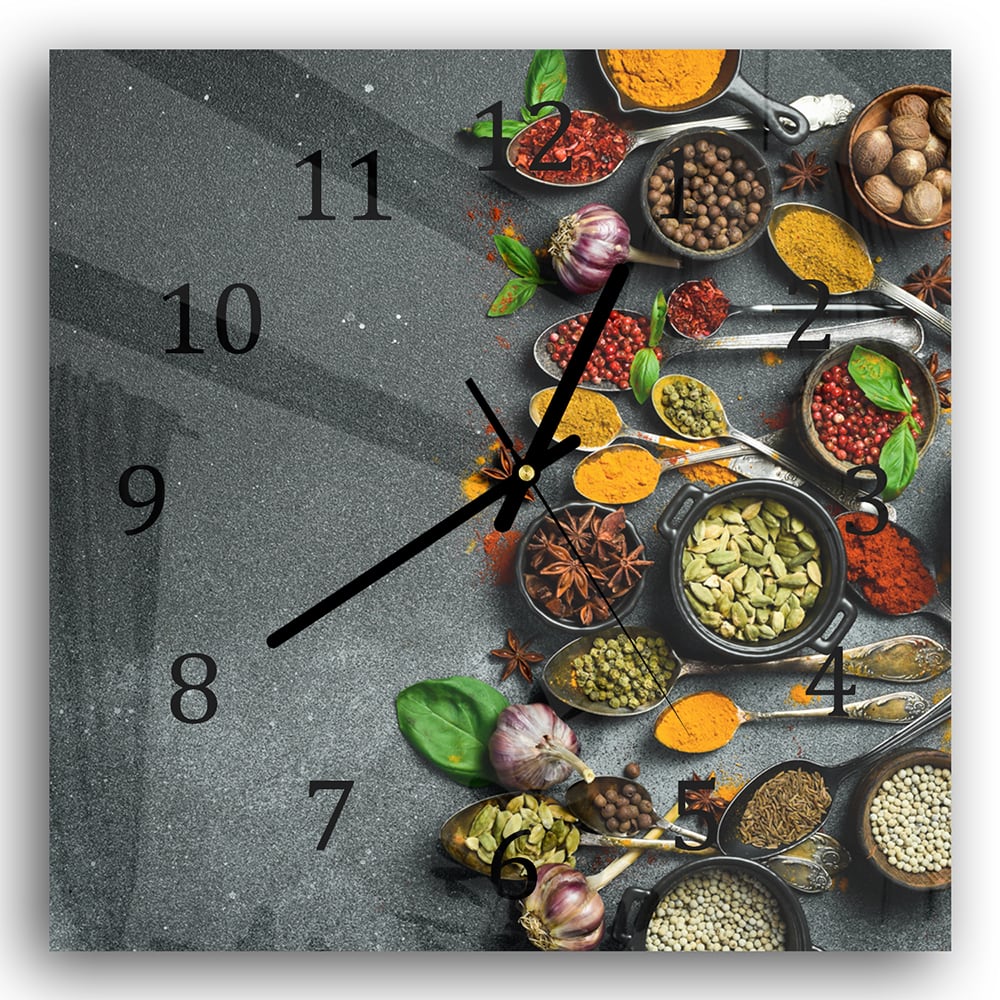 Wanduhr 30x30 - Kräuter auf dunklem Stein