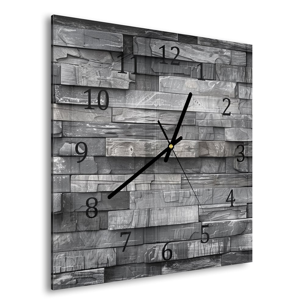 Wanduhr 30x30 - Schwarze Steinmauer in Schwarz-Weiß