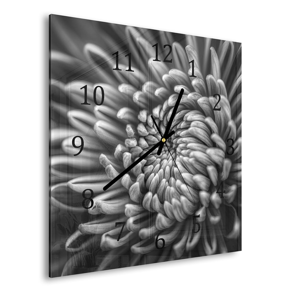 Wanduhr 30x30 - Schwarz-weiß Nahaufnahme Blume