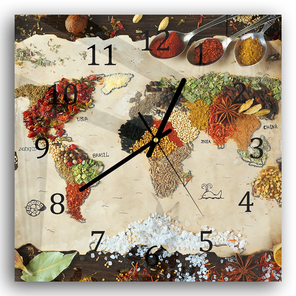 Wanduhr 30x30 - Weltkarte der Gewürze